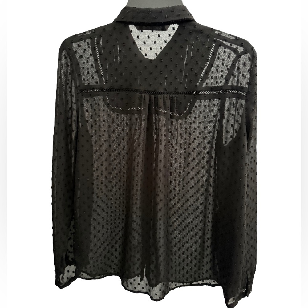 ZARA Black Sheer Swiss Dot Button Up Blouse Size M - Picture 3 of 6